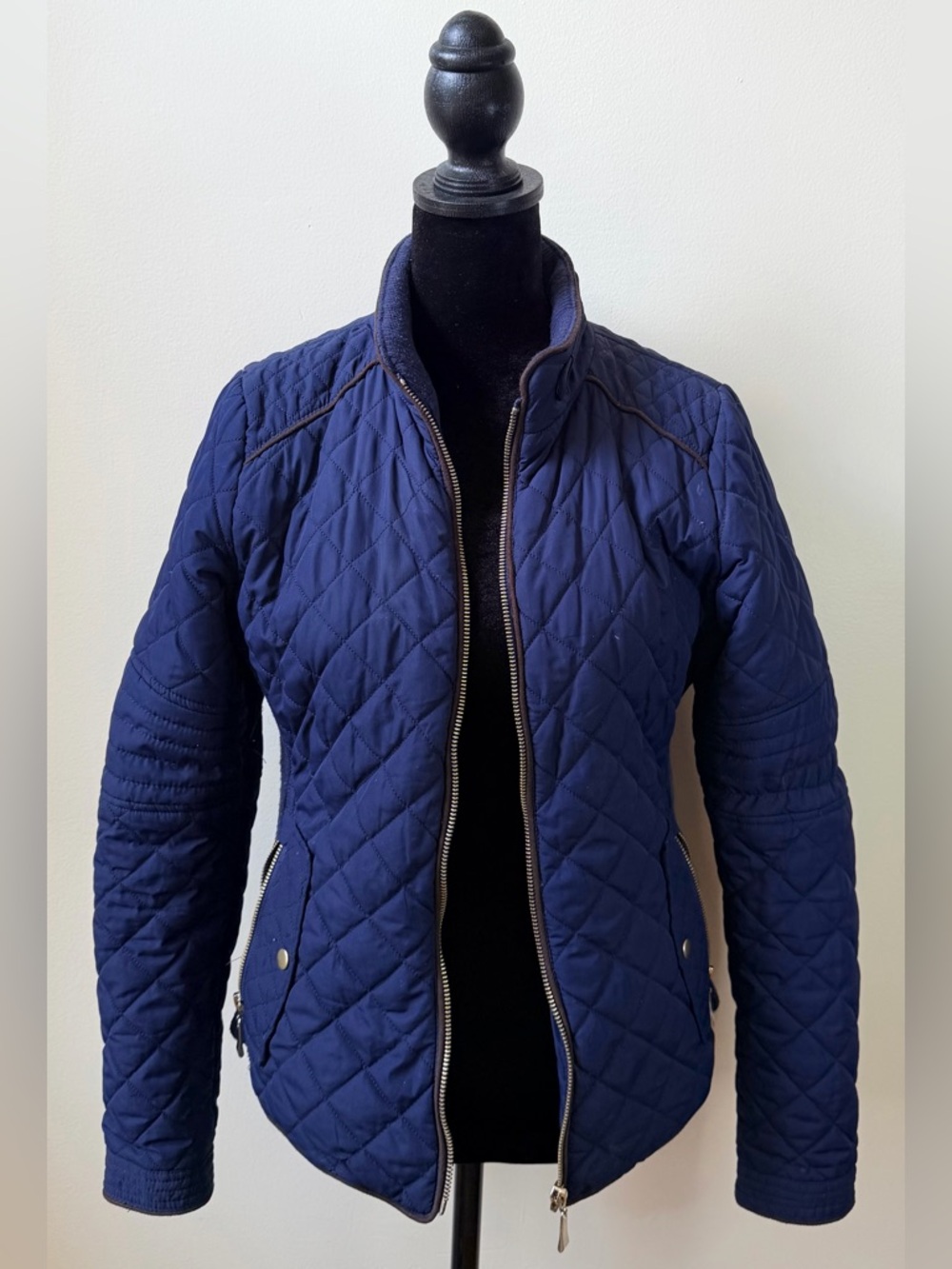 Blue Brown Quilted Jacket Lightweight Chic S Minimal Elegant Casual Women Coat